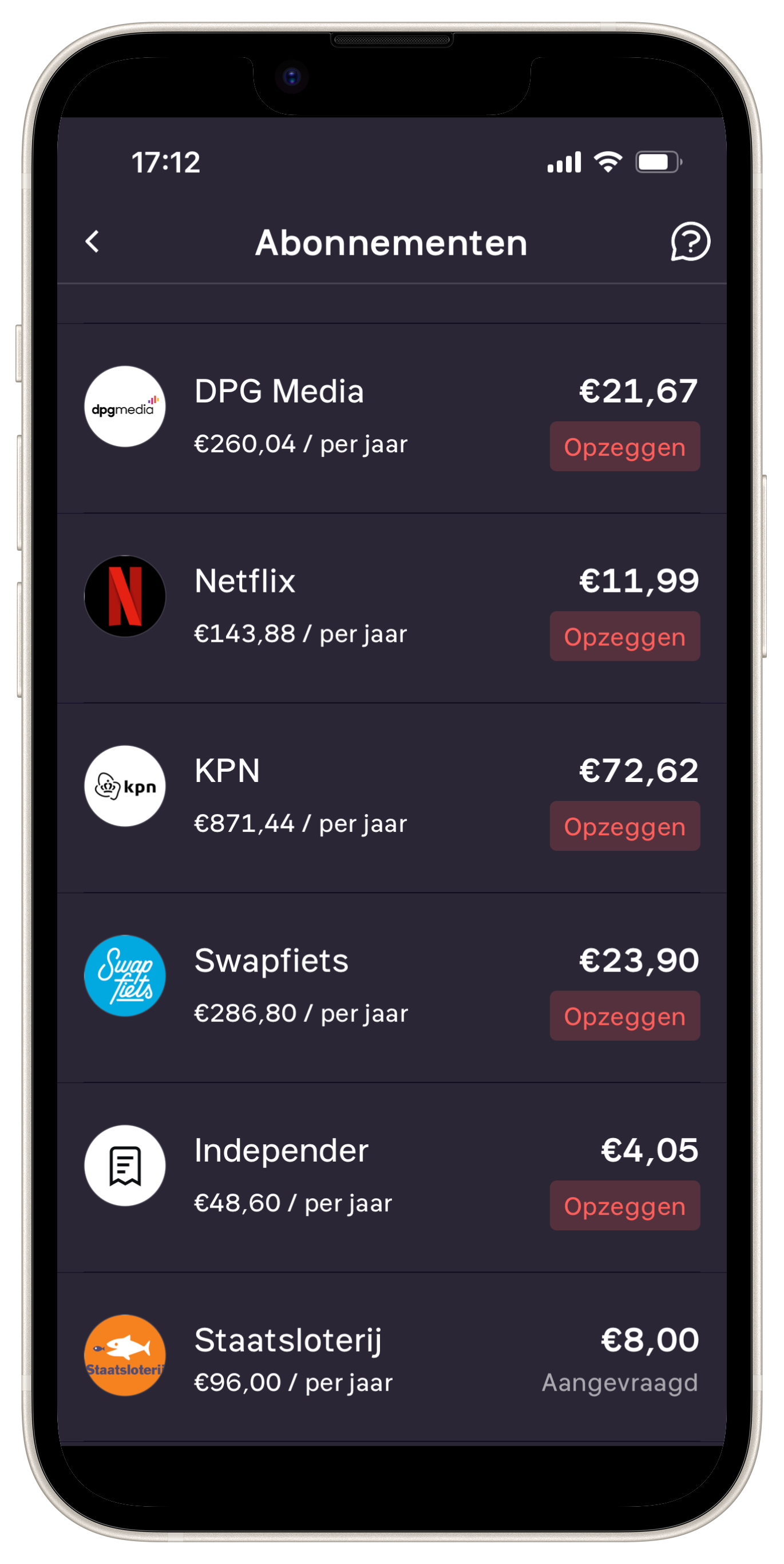 Afbeelding van een mobiele telefoon met een lijst met abonnementen die met 1 klik kunnen worden opgezegd via opzeggen.nl.