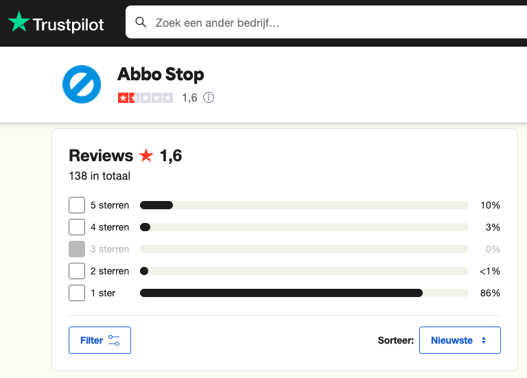 Overzicht van review score op Trustpilot voor Abbo Stop