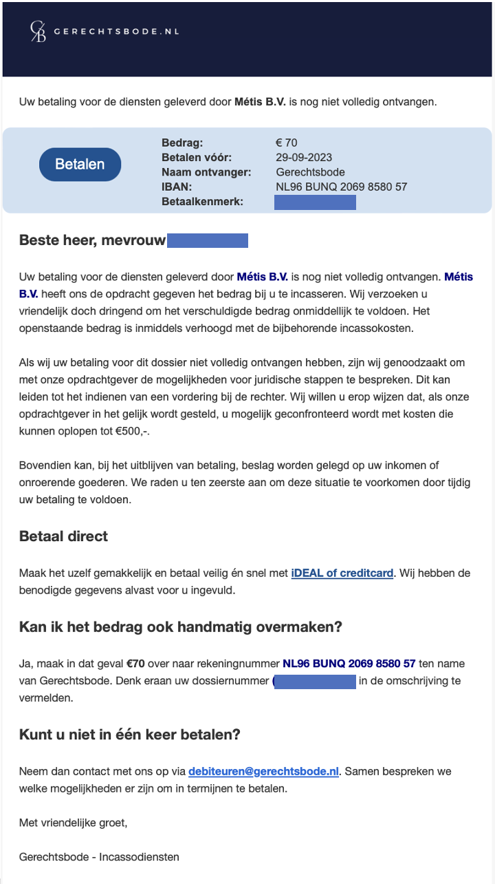 E-mail template waarin Gerechtsbode.nl dreigt met kosten die kunnen oplopen tot 500 Euro.