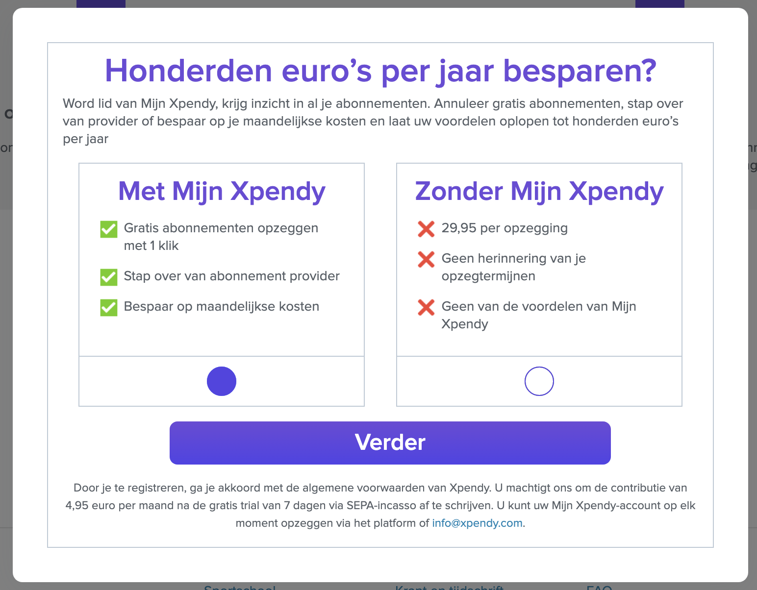 Afbeelding van de website van Xpendy waarin standaard staat aangevinkt dat een opzegger direct een abonnement bij Xpendy wenst.