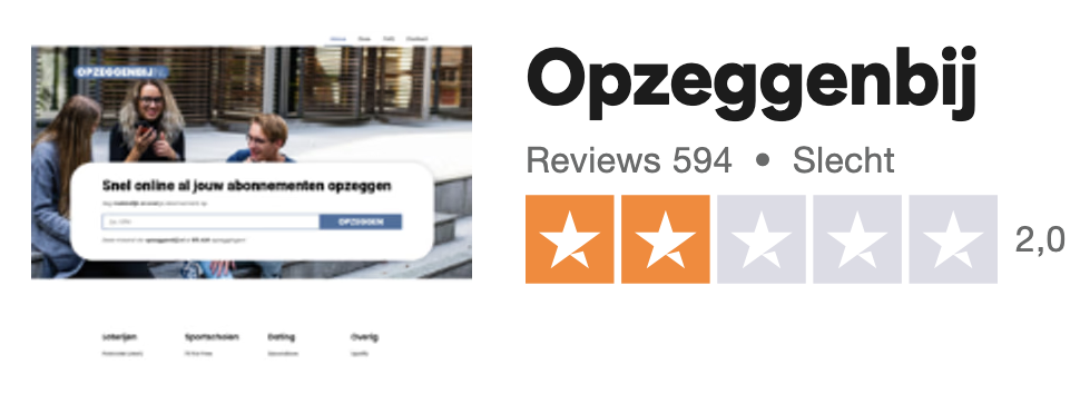 Afbeelding van review score op Trustpilot van 2.0 met 504 reviews voor Opzeggenbij