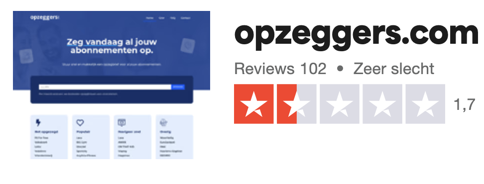 Afbeelding van review score op Trustpilot van 1.7 met 102 reviews voor Opzeggers.com