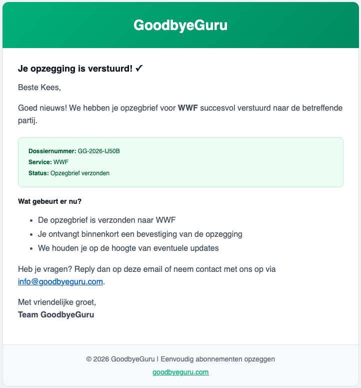De eerste E-mail template die ontvangen wordt van oplichters van GoodbyeGuru