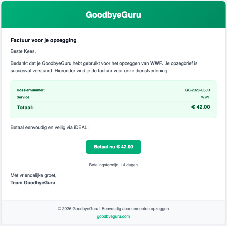 De tweede oplichtersmail van GoodbyeGuru met de vraag om te betalen